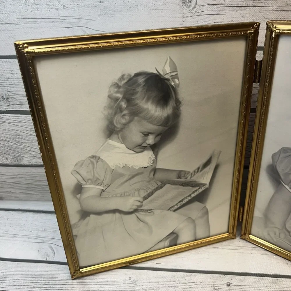 Vintage MCM Ornate Gold Tone Metal Bi-Fold Double 8x10 Hinged Picture Frame